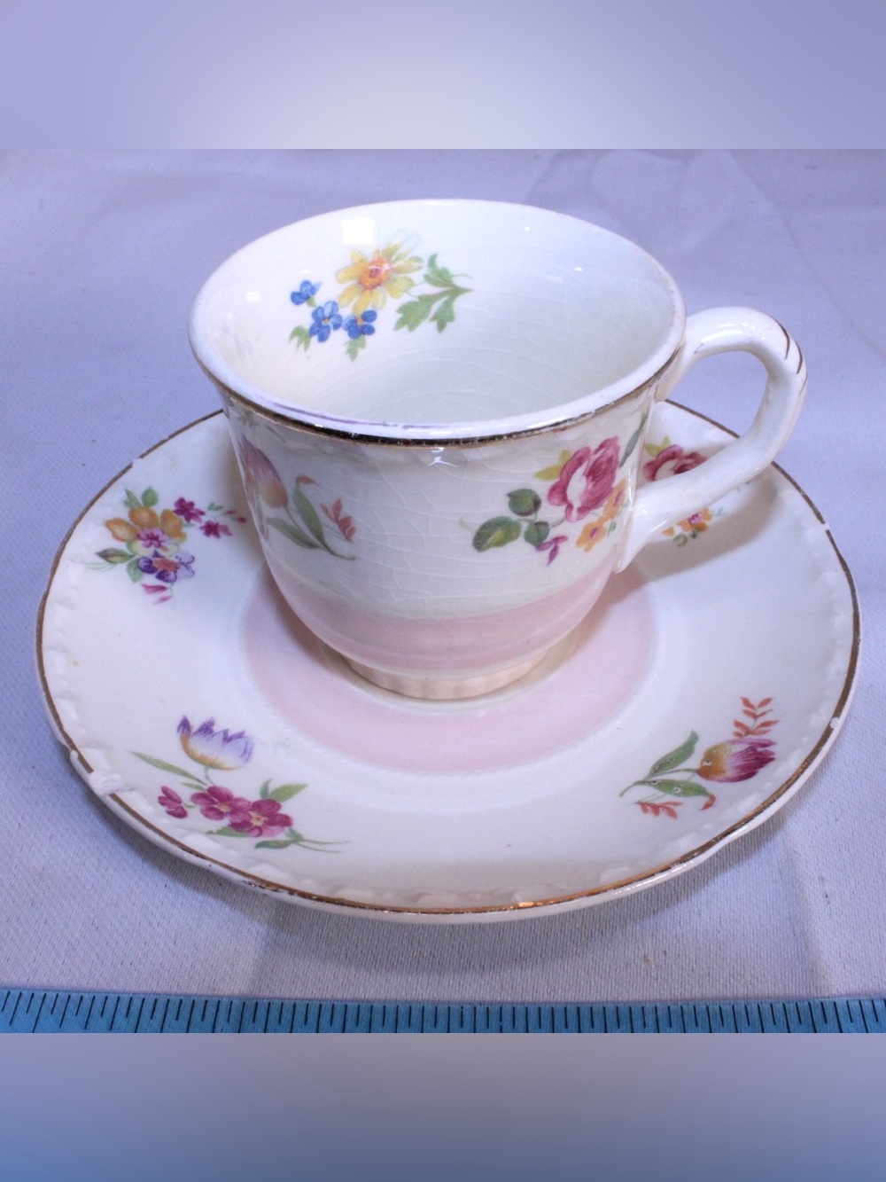 Vintage Crooksville China Teacup and Saucer Set - Pink with Flowers